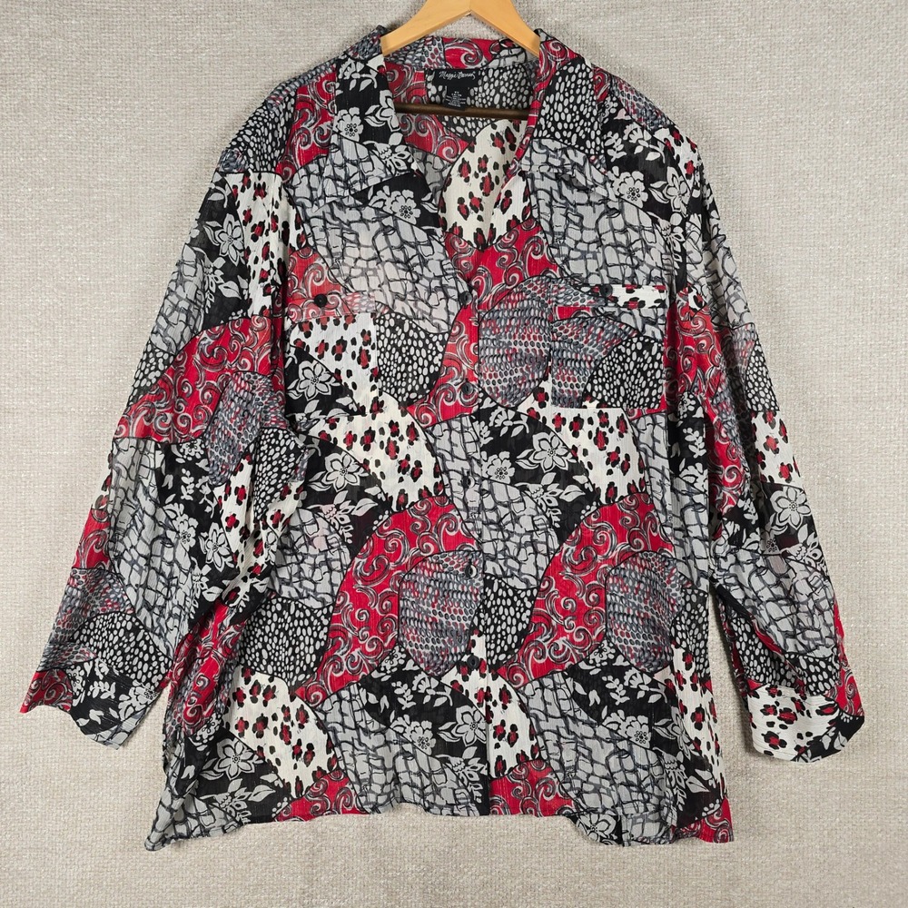 Maggie Barnes 5X Red Black Patchwork Print Metallic Stripe Button Blouse Top